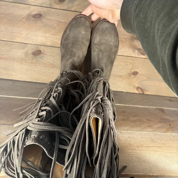 free people madge womens size 7 shoes gray suede knee high fringe boots