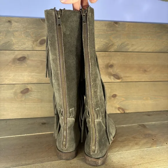 free people madge womens size 7 shoes gray suede knee high fringe boots