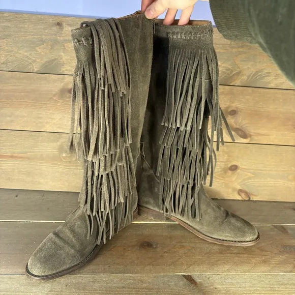 free people madge womens size 7 shoes gray suede knee high fringe boots
