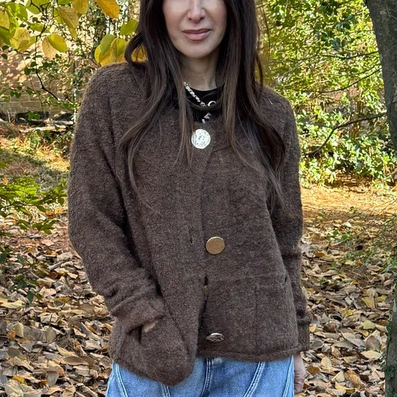 FROM PARIS FRANCE CHIC GOLD BUTTON KNITCARDIGAN SWEATER WITH FRONT POCKETS