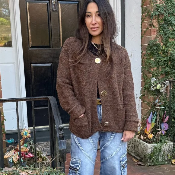 FROM PARIS FRANCE CHIC GOLD BUTTON KNITCARDIGAN SWEATER WITH FRONT POCKETS