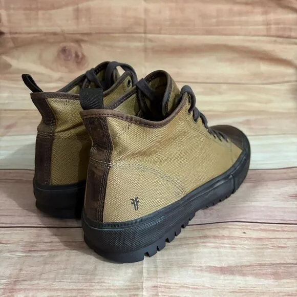 Frye Ryan Lug Midlace 81112 Men 10.5 Tan Brown Canvas Lace Up Casual Dress Boots