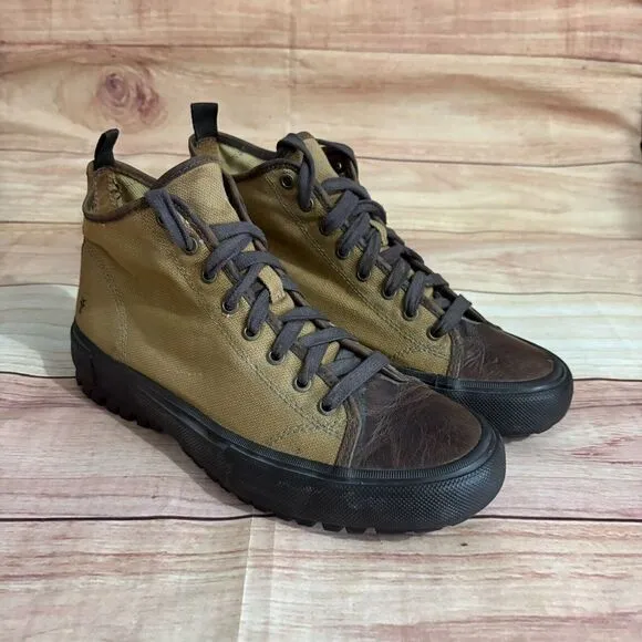 Frye Ryan Lug Midlace 81112 Men 10.5 Tan Brown Canvas Lace Up Casual Dress Boots