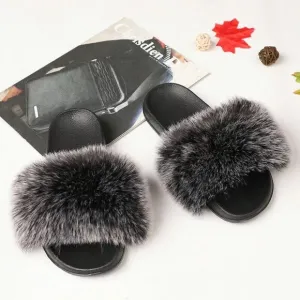 Fuzzy Fluffy Faux Fur Slides Slippers Flat Soft Sandals Open Toe Slip On Shoes