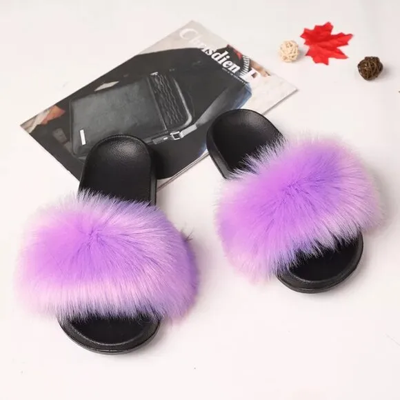 Fuzzy Fluffy Faux Fur Slides Slippers Flat Soft Sandals Open Toe Slip On Shoes