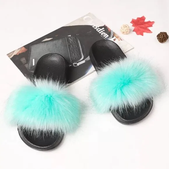 Fuzzy Fluffy Faux Fur Slides Slippers Flat Soft Sandals Open Toe Slip On Shoes