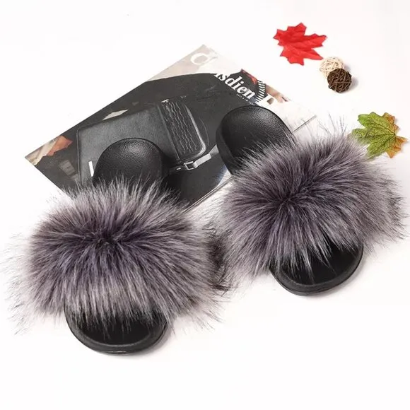 Fuzzy Fluffy Faux Fur Slides Slippers Flat Soft Sandals Open Toe Slip On Shoes