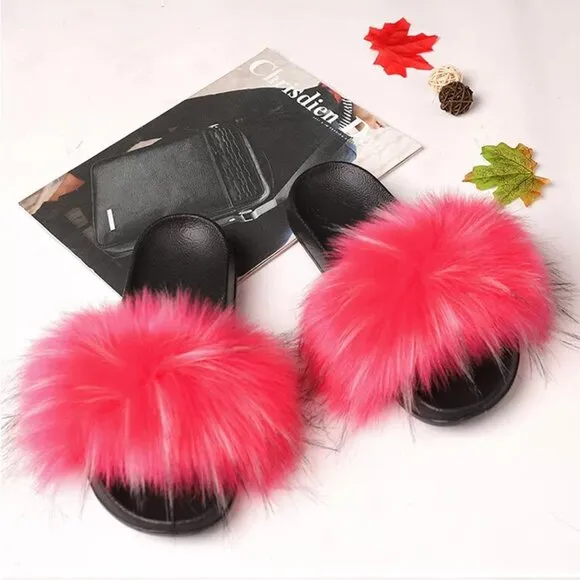 Fuzzy Fluffy Faux Fur Slides Slippers Flat Soft Sandals Open Toe Slip On Shoes