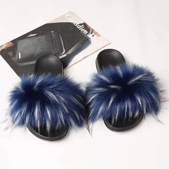 Fuzzy Fluffy Faux Fur Slides Slippers Flat Soft Sandals Open Toe Slip On Shoes