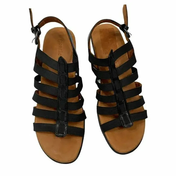 Gentle Souls 9M black leather strappy wedges sandals NWOT