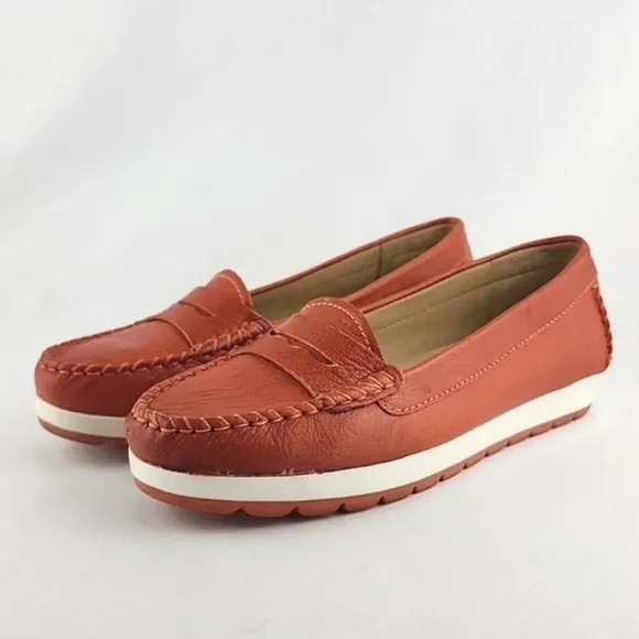 GEOX Women's Orange White Leather Flat Casual Loafer Shoe Almond Toe Size 37.5