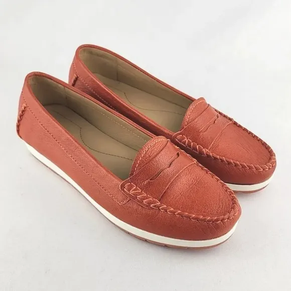 GEOX Women's Orange White Leather Flat Casual Loafer Shoe Almond Toe Size 37.5