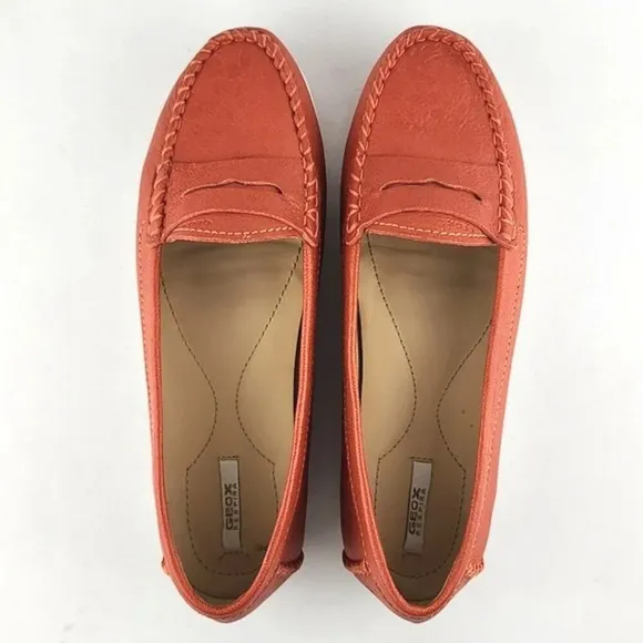 GEOX Women's Orange White Leather Flat Casual Loafer Shoe Almond Toe Size 37.5