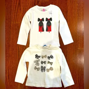 Girl toddler white long sleeve tees with shoes and bows design size 3t set of 2