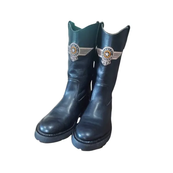 Harley-Davidson Black Leather Riding  Boots With Embroidered Logo
