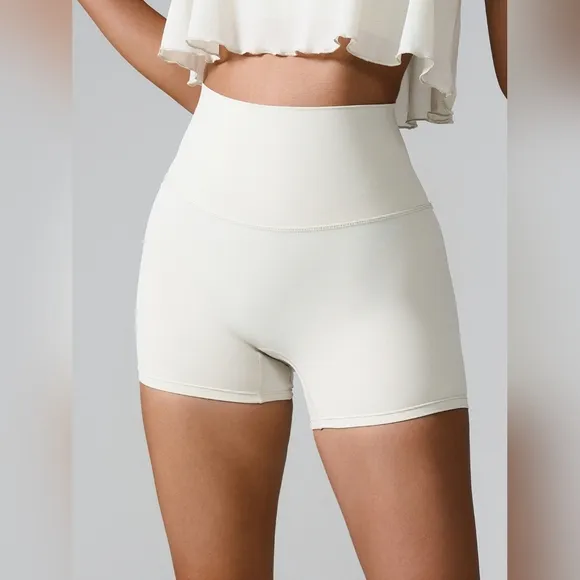 High Rise Back Pocket Athletic Shorts Wide Waistband Yoga Gym Activewear White