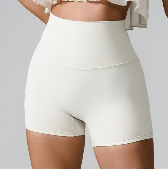 High Rise Back Pocket Athletic Shorts Wide Waistband Yoga Gym Activewear White