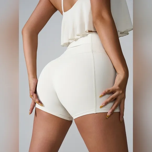 High Rise Back Pocket Athletic Shorts Wide Waistband Yoga Gym Activewear White