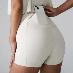 High Rise Back Pocket Athletic Shorts Wide Waistband Yoga Gym Activewear White