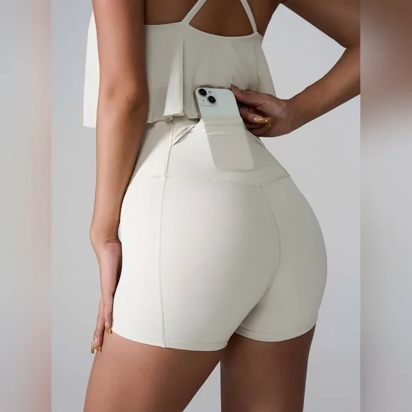 High Rise Back Pocket Athletic Shorts Wide Waistband Yoga Gym Activewear White