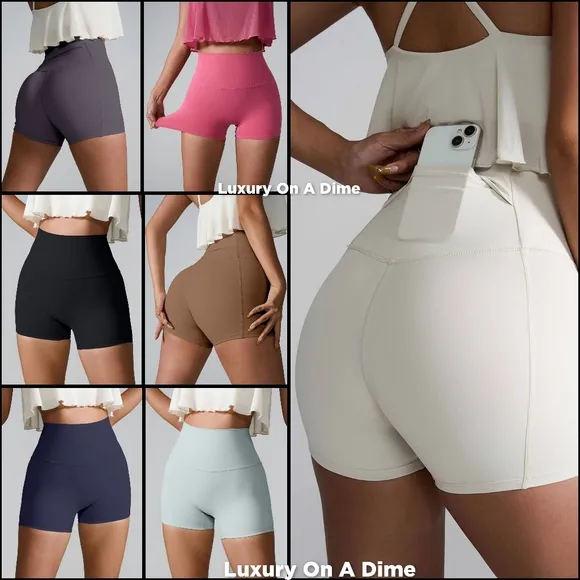 High Rise Back Pocket Athletic Shorts Wide Waistband Yoga Gym Activewear White