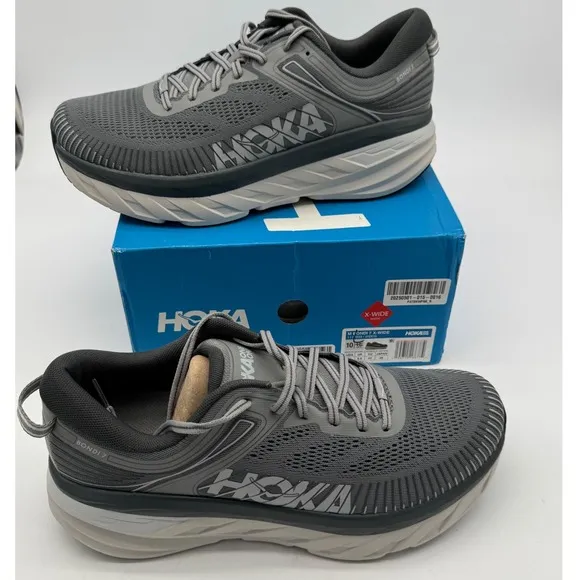 Hoka Bondi 7 Running Shoes Wide Width Cushioned Comfort Gray Men's 10
