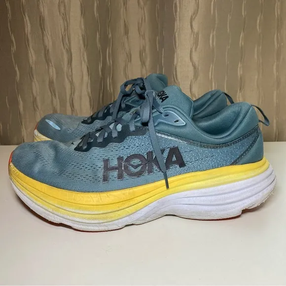 Hoka One One Bondi 8 Men's 11 D Running Shoes Goblin Blue Grey Yellow