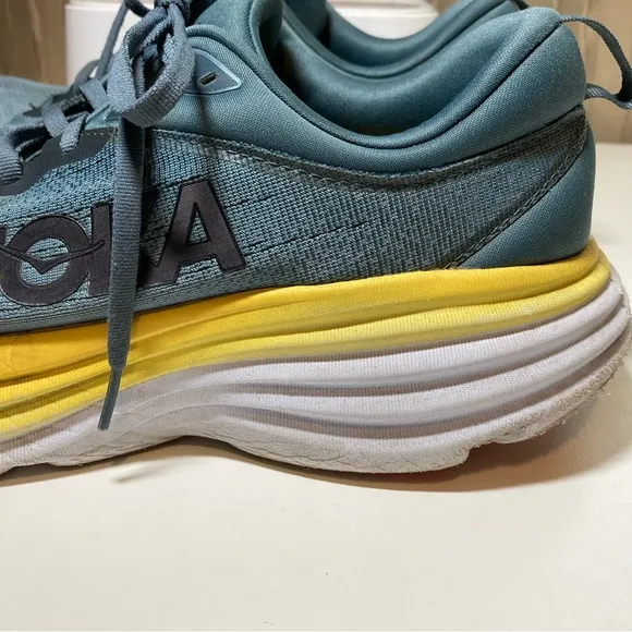 Hoka One One Bondi 8 Men's 11 D Running Shoes Goblin Blue Grey Yellow