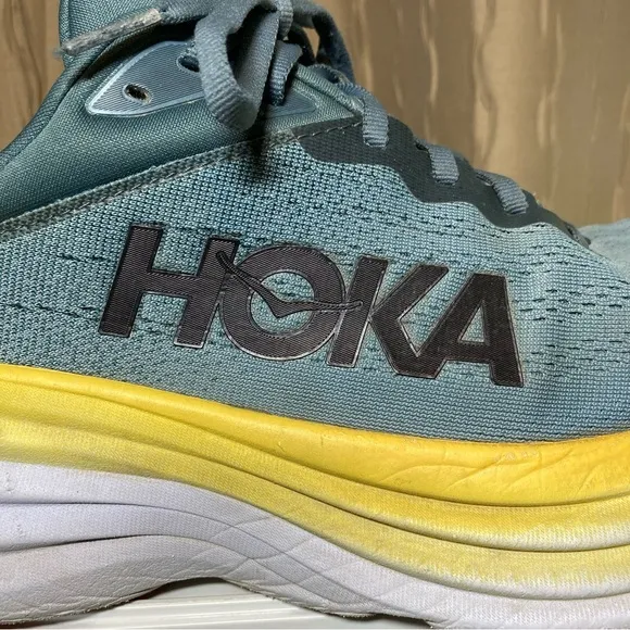 Hoka One One Bondi 8 Men's 11 D Running Shoes Goblin Blue Grey Yellow