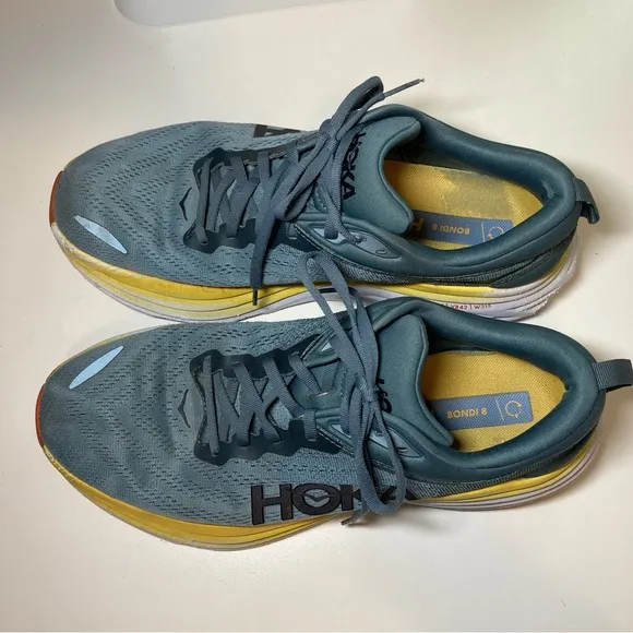 Hoka One One Bondi 8 Men's 11 D Running Shoes Goblin Blue Grey Yellow