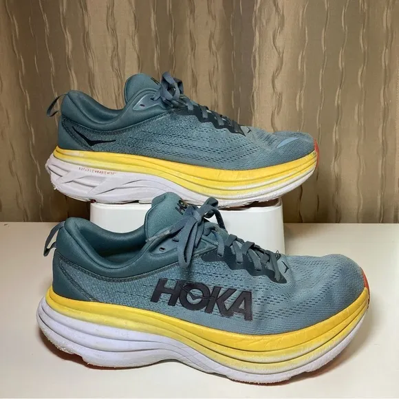 Hoka One One Bondi 8 Men's 11 D Running Shoes Goblin Blue Grey Yellow