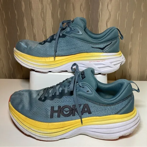 Hoka One One Bondi 8 Men's 11 D Running Shoes Goblin Blue Grey Yellow