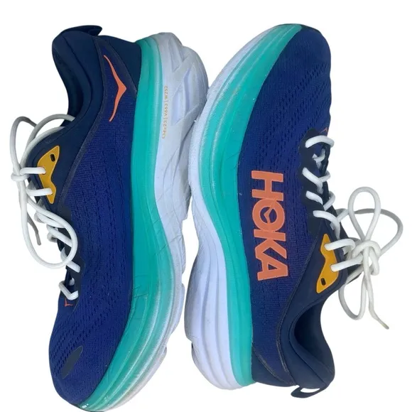 HOKA One One Bondi 8 Running Shoes Navy Teal Orange Women’s Size 9.5