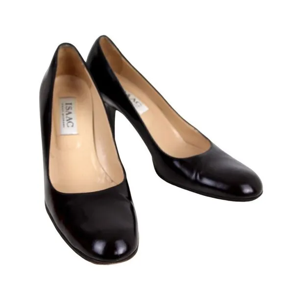 Isaac Mizrahi ITALY BLACK GENUINE LEATHER MID HEEL CLASSIC PUMP SHOES Sz 8B