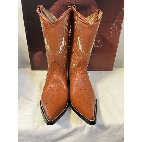 J Toe Western Rodeo Boots Ostrich Print Cognac Tan Size 9.5 El General