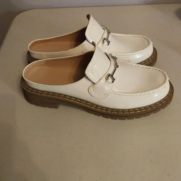JF Flat Mule Slide Bright White Lug Sole Loafer Silver Buckle Bobbi Size 10