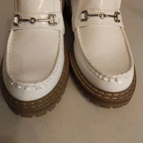 JF Flat Mule Slide Bright White Lug Sole Loafer Silver Buckle Bobbi Size 10