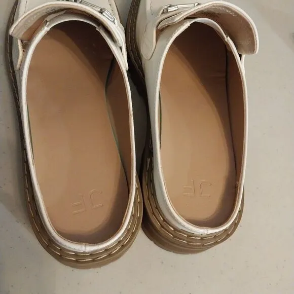 JF Flat Mule Slide Bright White Lug Sole Loafer Silver Buckle Bobbi Size 10