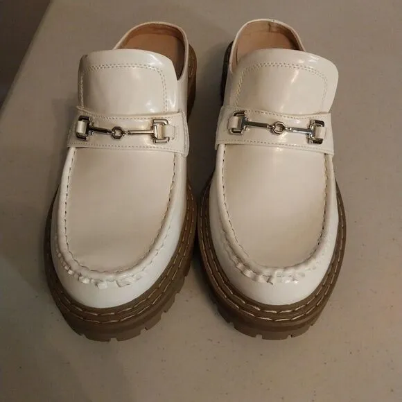 JF Flat Mule Slide Bright White Lug Sole Loafer Silver Buckle Bobbi Size 10
