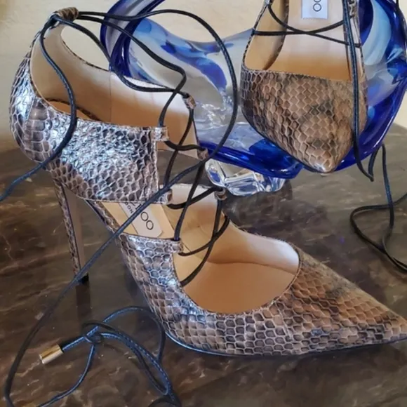 Jimmy Choo Hoops Snakeskin Lace-Up Heels