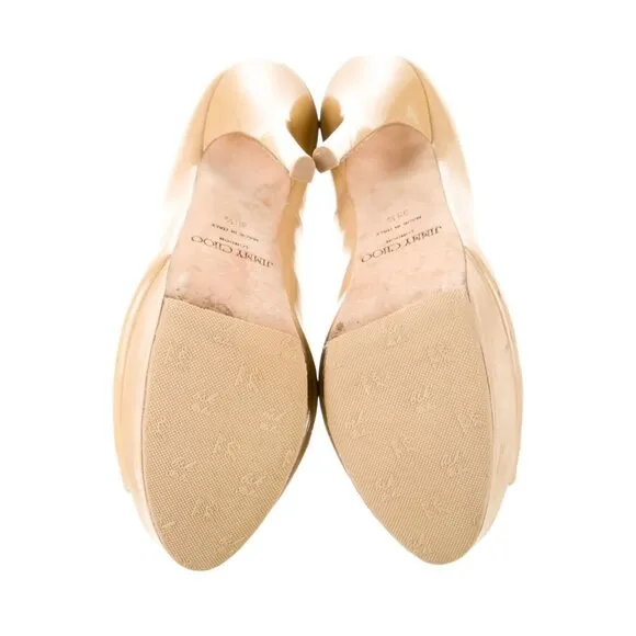 Jimmy Choo Sz 8.5 NUDE PEEPTOE Patent Leather PLATFORM Pumps Heels Beige