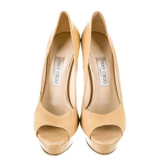 Jimmy Choo Sz 8.5 NUDE PEEPTOE Patent Leather PLATFORM Pumps Heels Beige