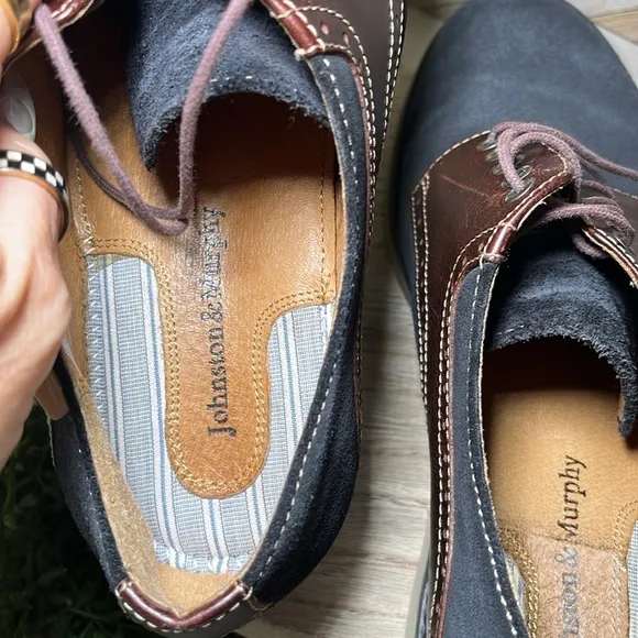 Johnston &amp; Murphy Navy Suede Leather Saddle Oxford Dress Shoes Retro Blokecore