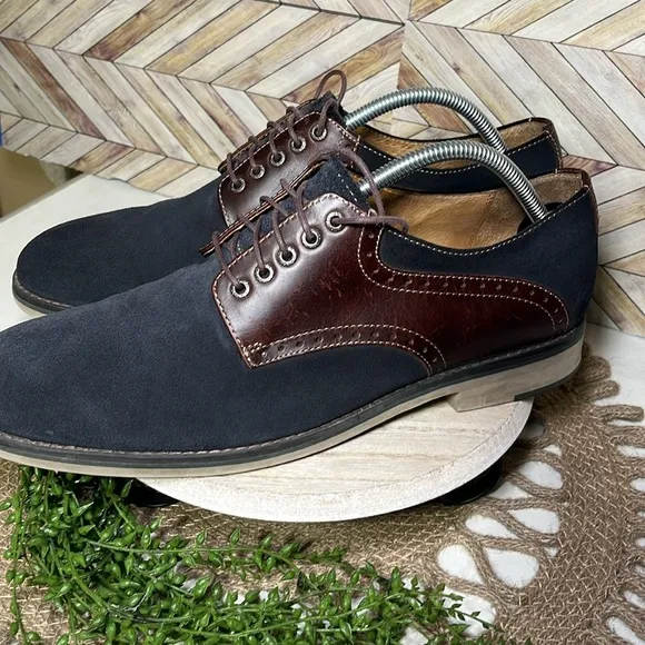 Johnston &amp; Murphy Navy Suede Leather Saddle Oxford Dress Shoes Retro Blokecore