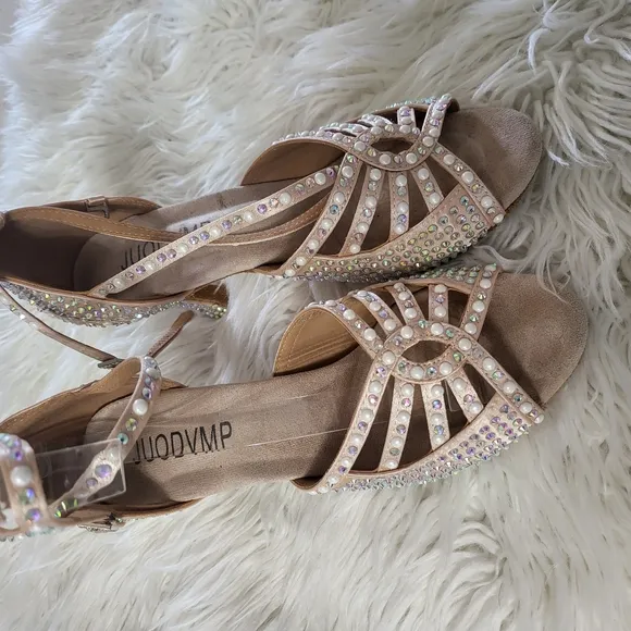 JUODVMP Women Rhinestone Ballroom Dance Shoes Latin Satin Salsa Performance