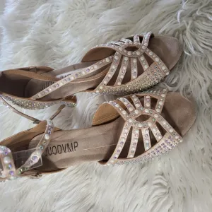 JUODVMP Women Rhinestone Ballroom Dance Shoes Latin Satin Salsa Performance