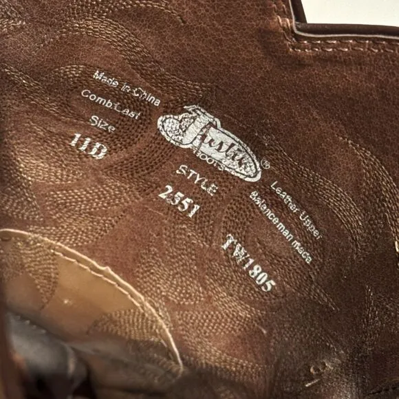 Justin 2551 Stampede 13&quot; Brown Leather Western Boots Men 11D - Very Minimal Wear