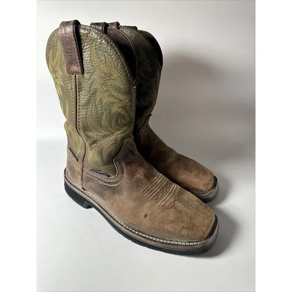 Justin Work Men - Size 7D - Brown/Green Steel Square Toe Cowboy Boots WK4570