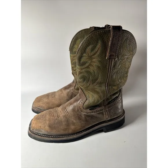 Justin Work Men - Size 7D - Brown/Green Steel Square Toe Cowboy Boots WK4570
