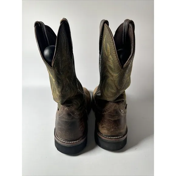 Justin Work Men - Size 7D - Brown/Green Steel Square Toe Cowboy Boots WK4570